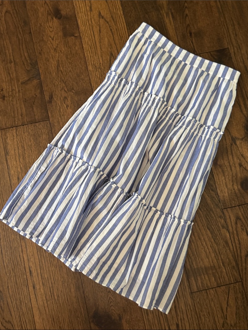 J Crew Tiered Blue and White Striped Midi Skirt